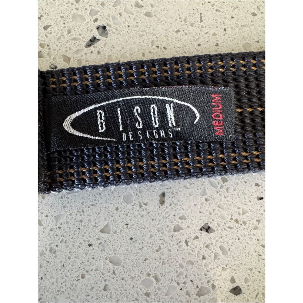 Bison Designs Tap Cap Buckle Webbed Textile Belt Blue/Tan Casual Size 38 Medium - Picture 9 of 12